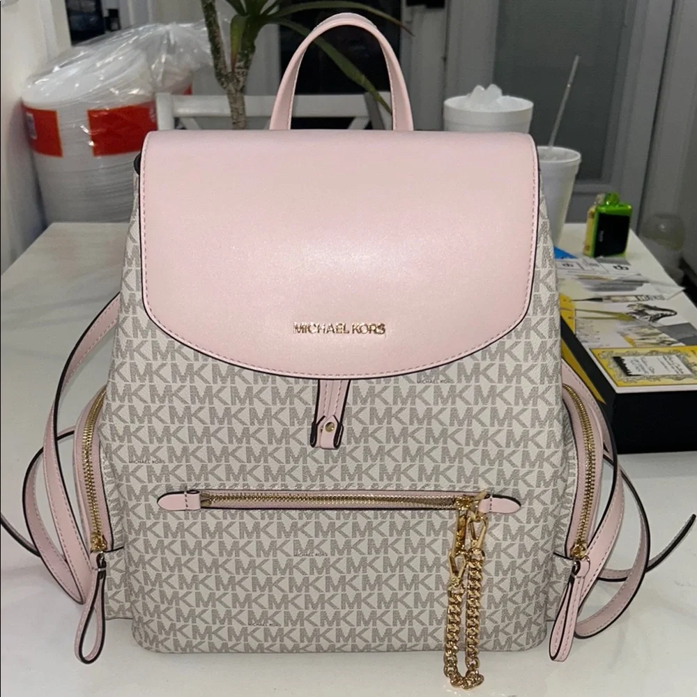 Michael Kors Pink and Beige Signature Logo Backpack